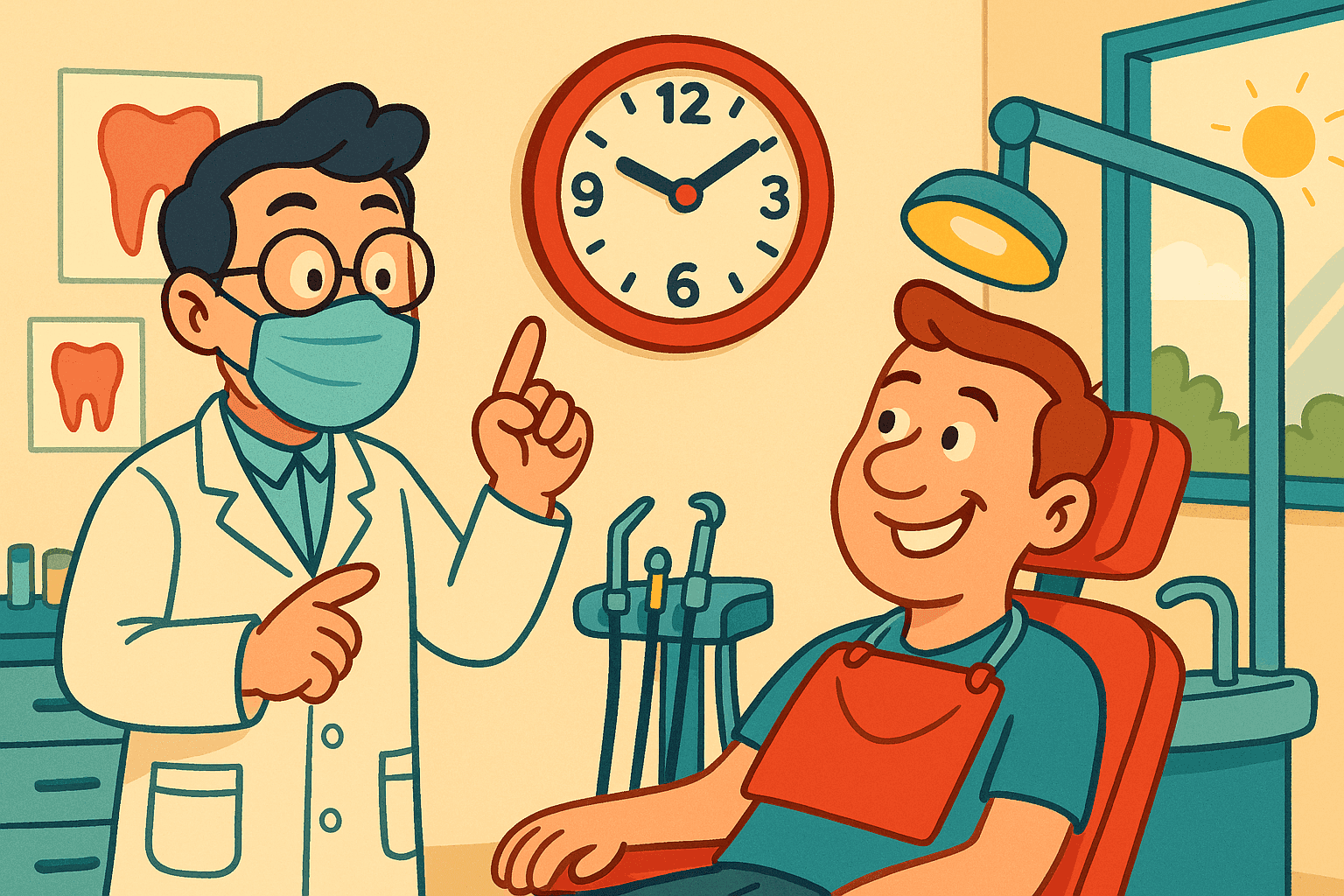 A humorous cartoon illustration of a smiling dentist pointing to a large clock showing 2:30, with dental equipment and a patient in the chair looking amused in a bright dental office
