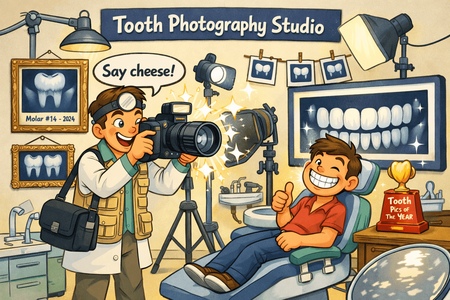 A cartoon dentist taking pictures of teeth with an X-ray camera