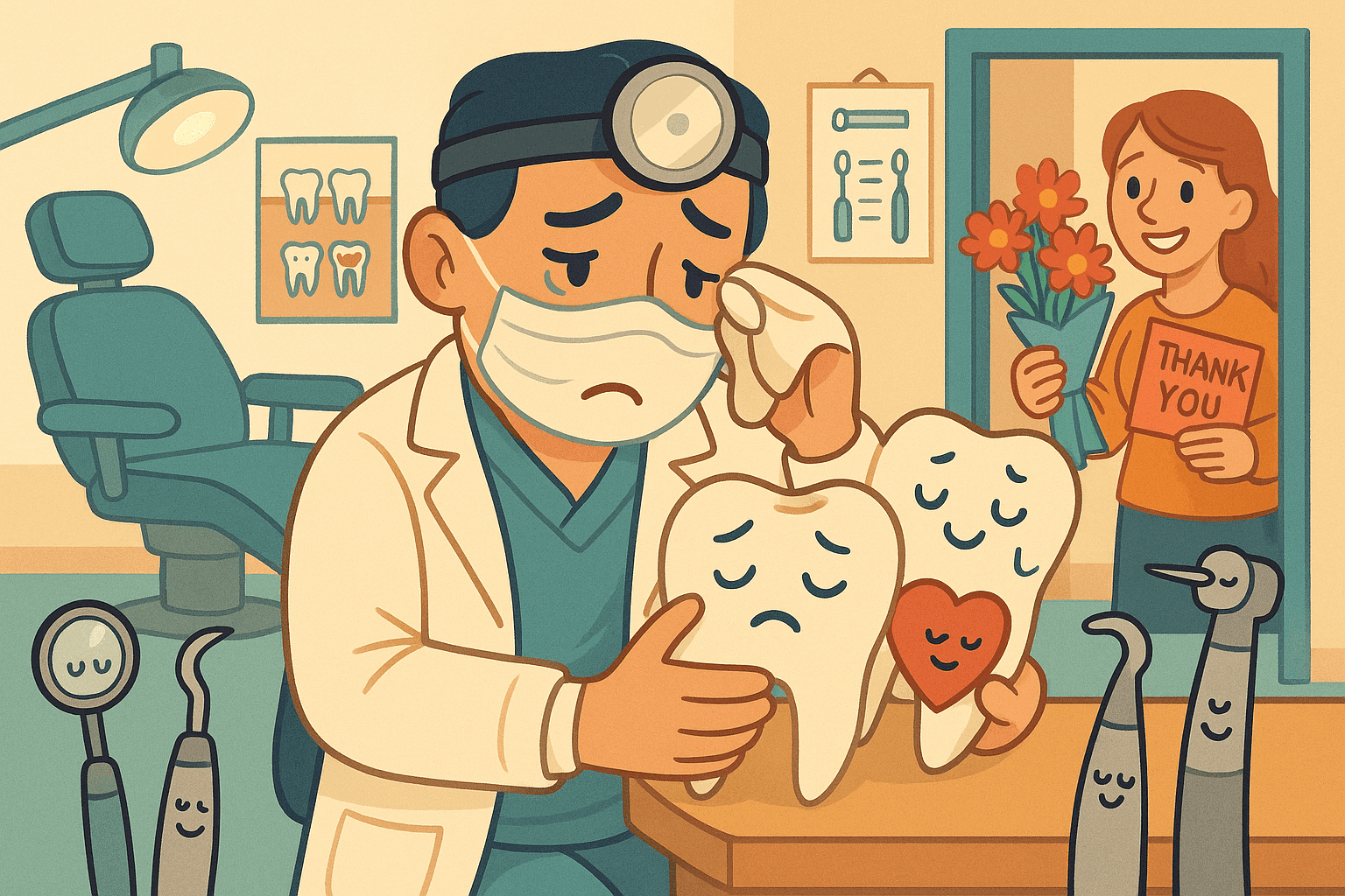 A friendly cartoon dentist with dental tools looking emotional and holding their heart