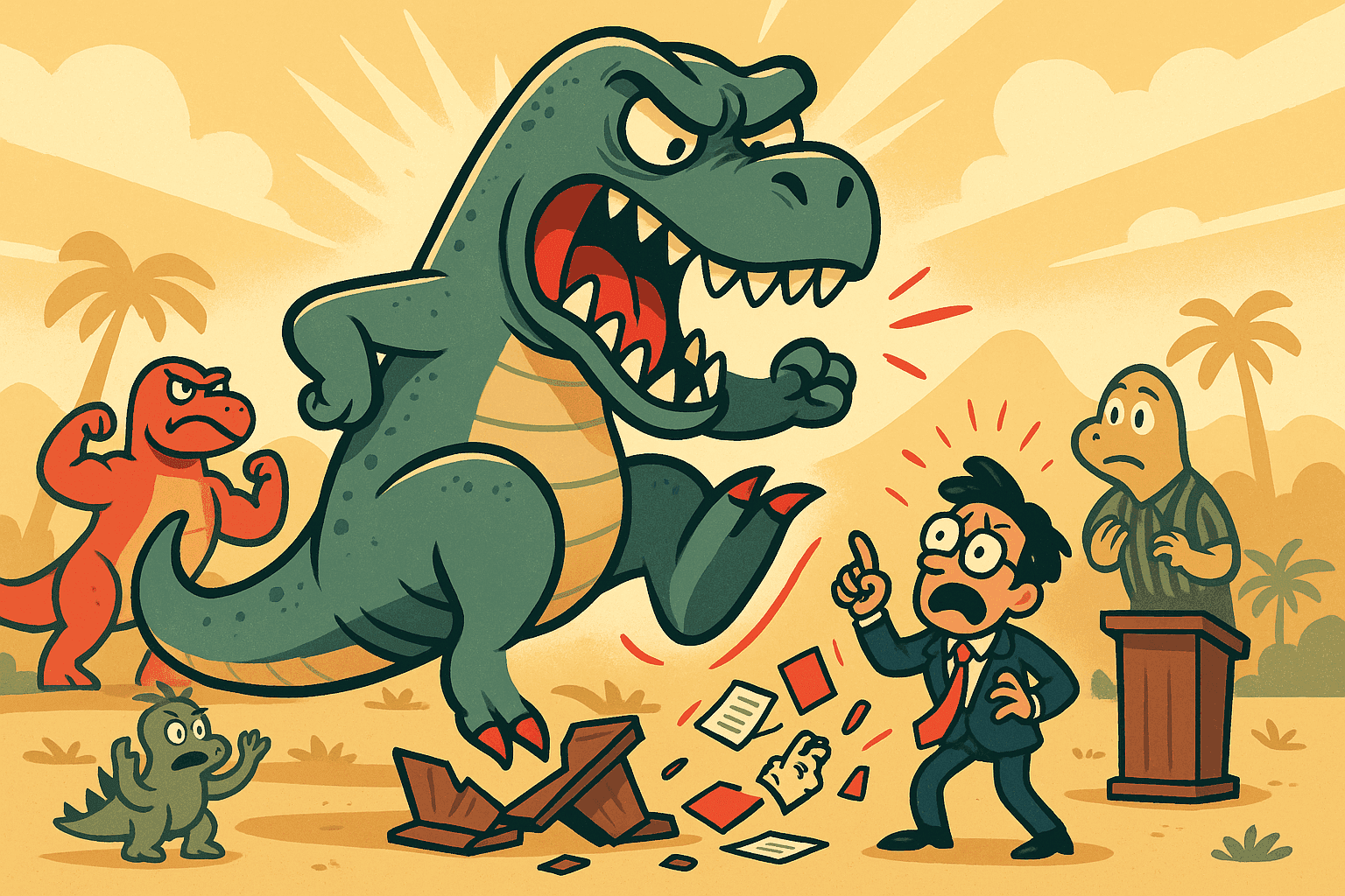 A cartoon person arguing with a large friendly T-Rex dinosaur in a prehistoric setting