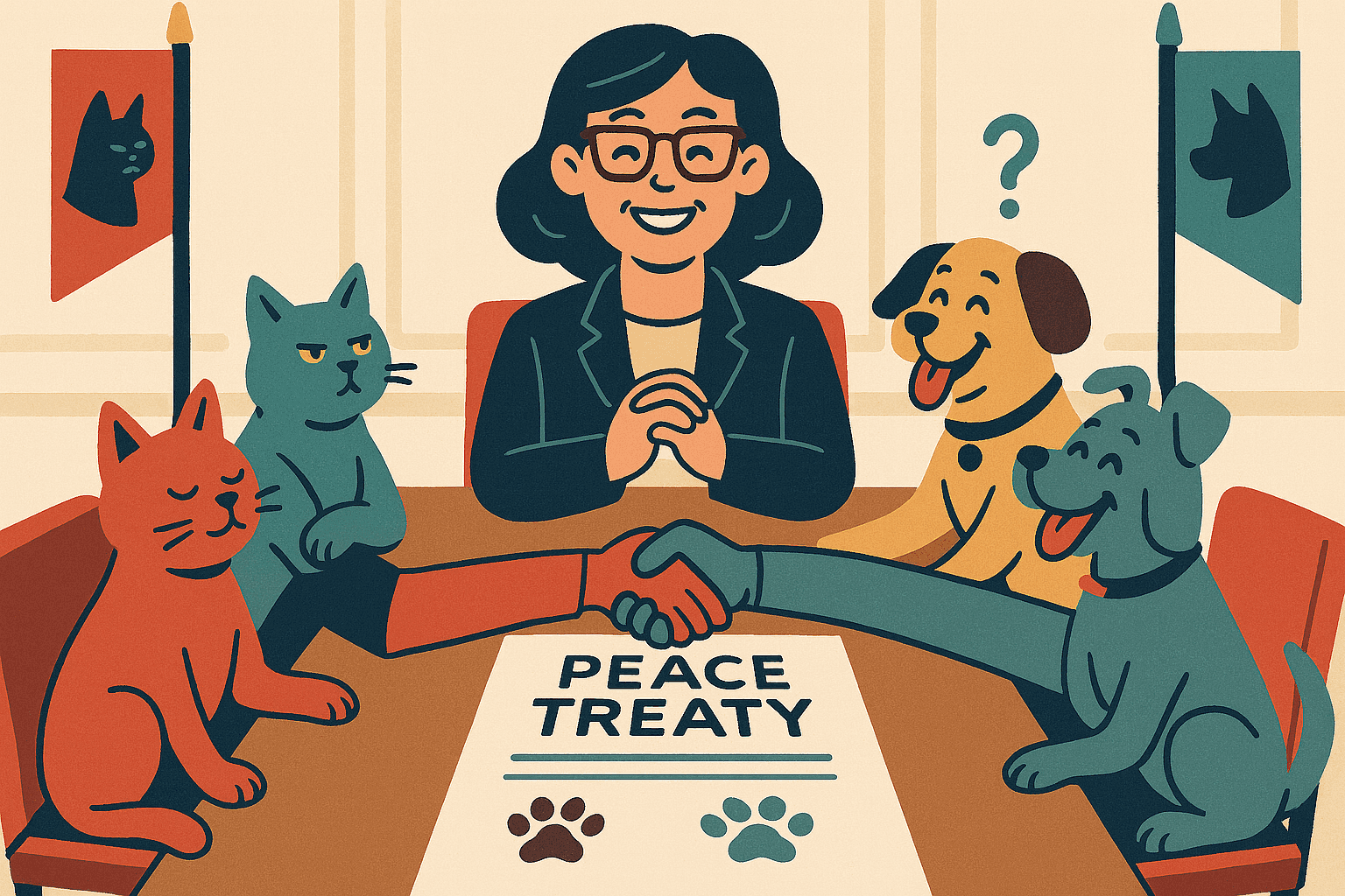A cartoon mama character in diplomatic attire facilitating a peace treaty signing between anthropomorphic cats and dogs, with a treaty document on a table and both sides shaking paws in agreement