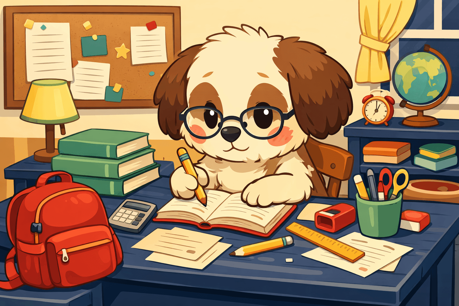 A cartoon dog sitting at a desk with books and homework papers