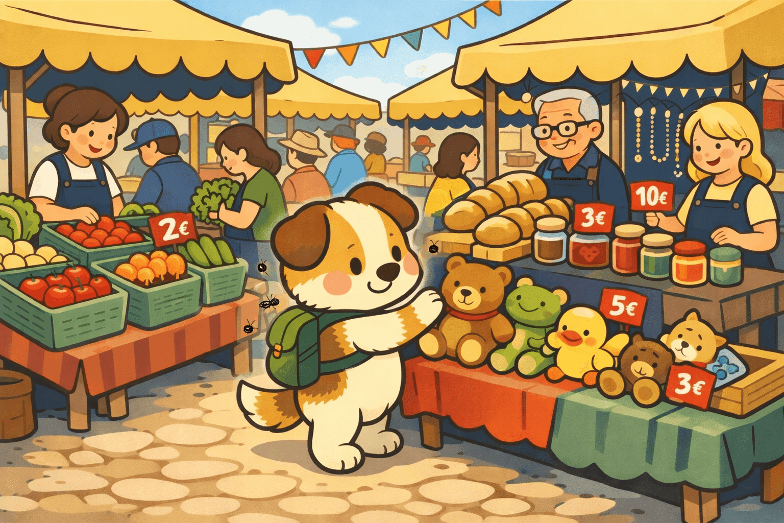 A cartoon dog looking at various market stalls with vendors