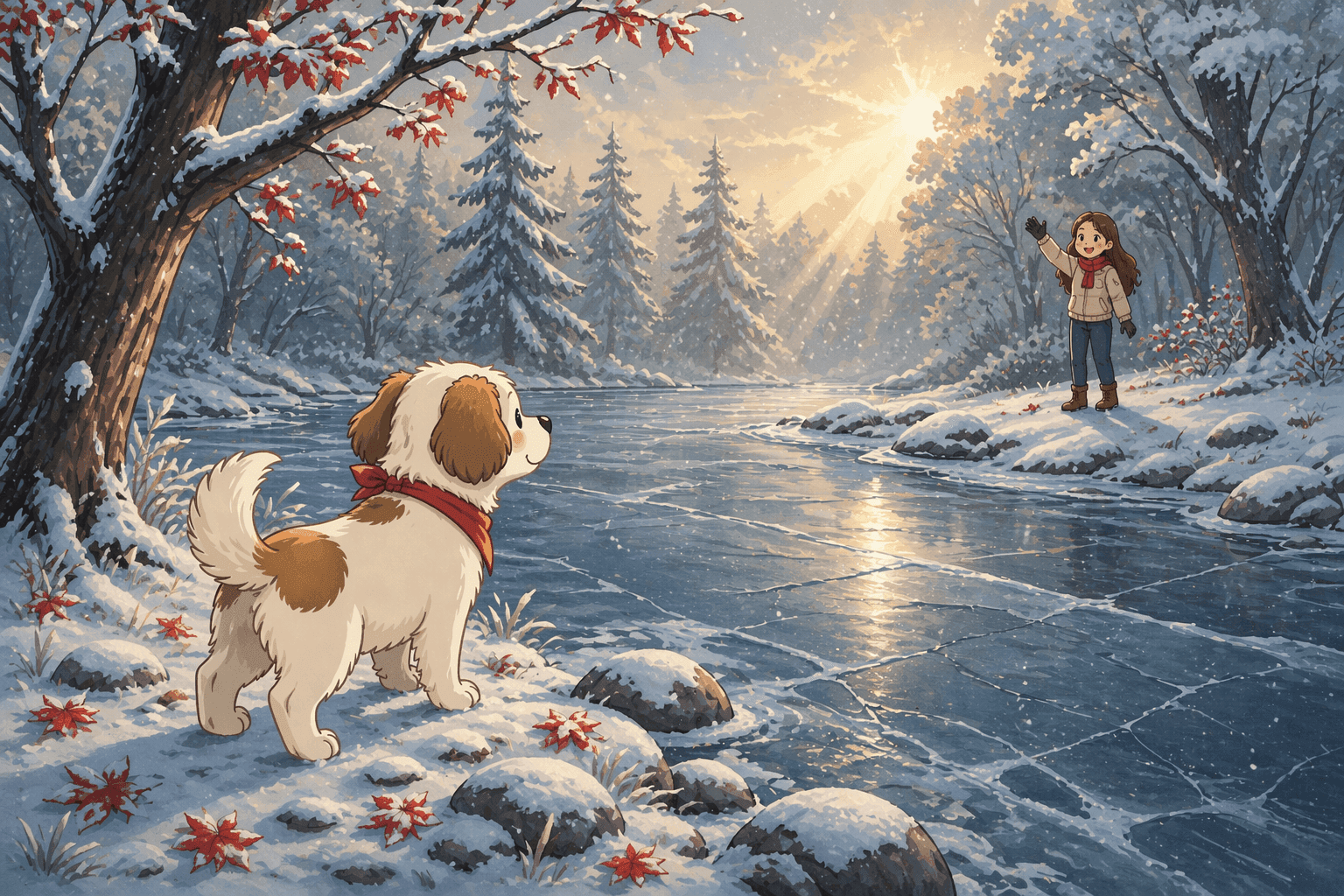 A cartoon dog standing at a riverbank looking across the water