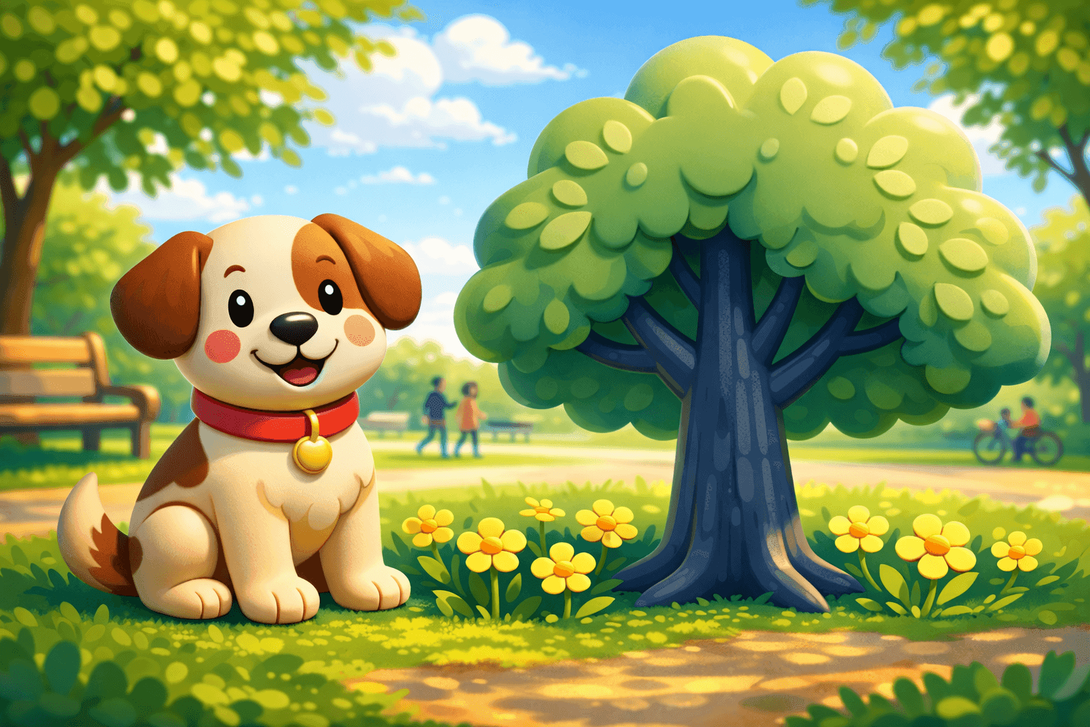 A cartoon dog and tree standing side by side in a park