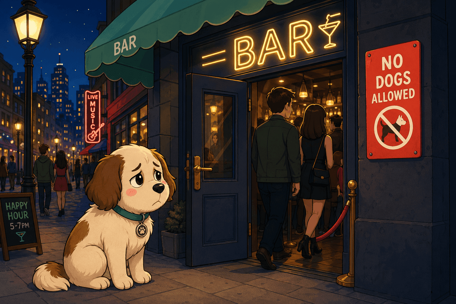 A cartoon dog sitting outside a bar looking disappointed