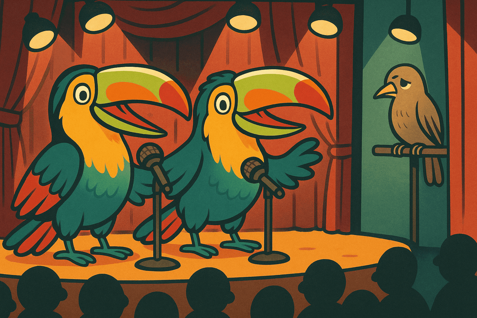A humorous cartoon illustration of two colorful toucans with large beaks standing together on a comedy stage with microphones, while one regular bird sits alone looking sad in the background