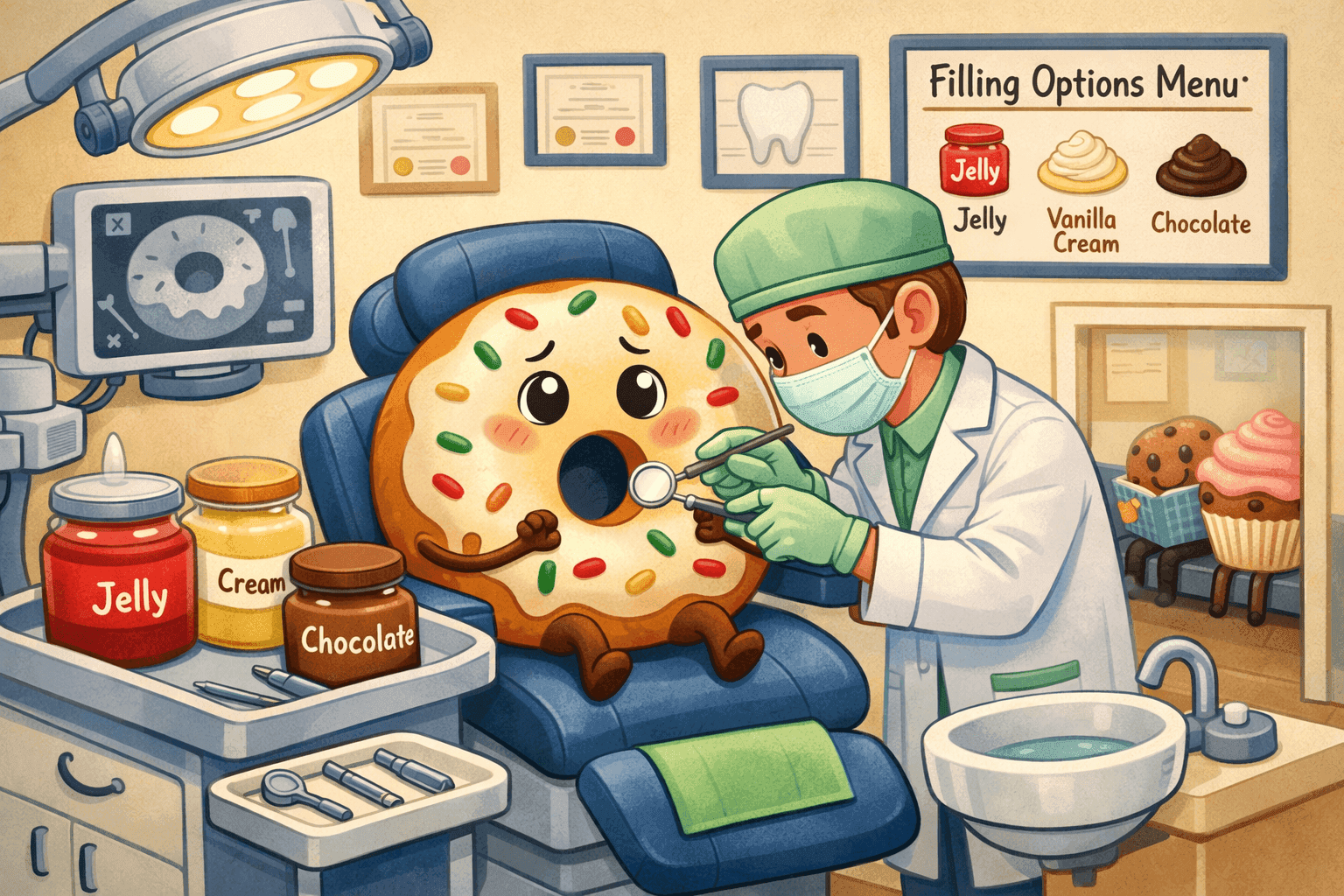 A cartoon doughnut sitting in a dentist chair getting examined