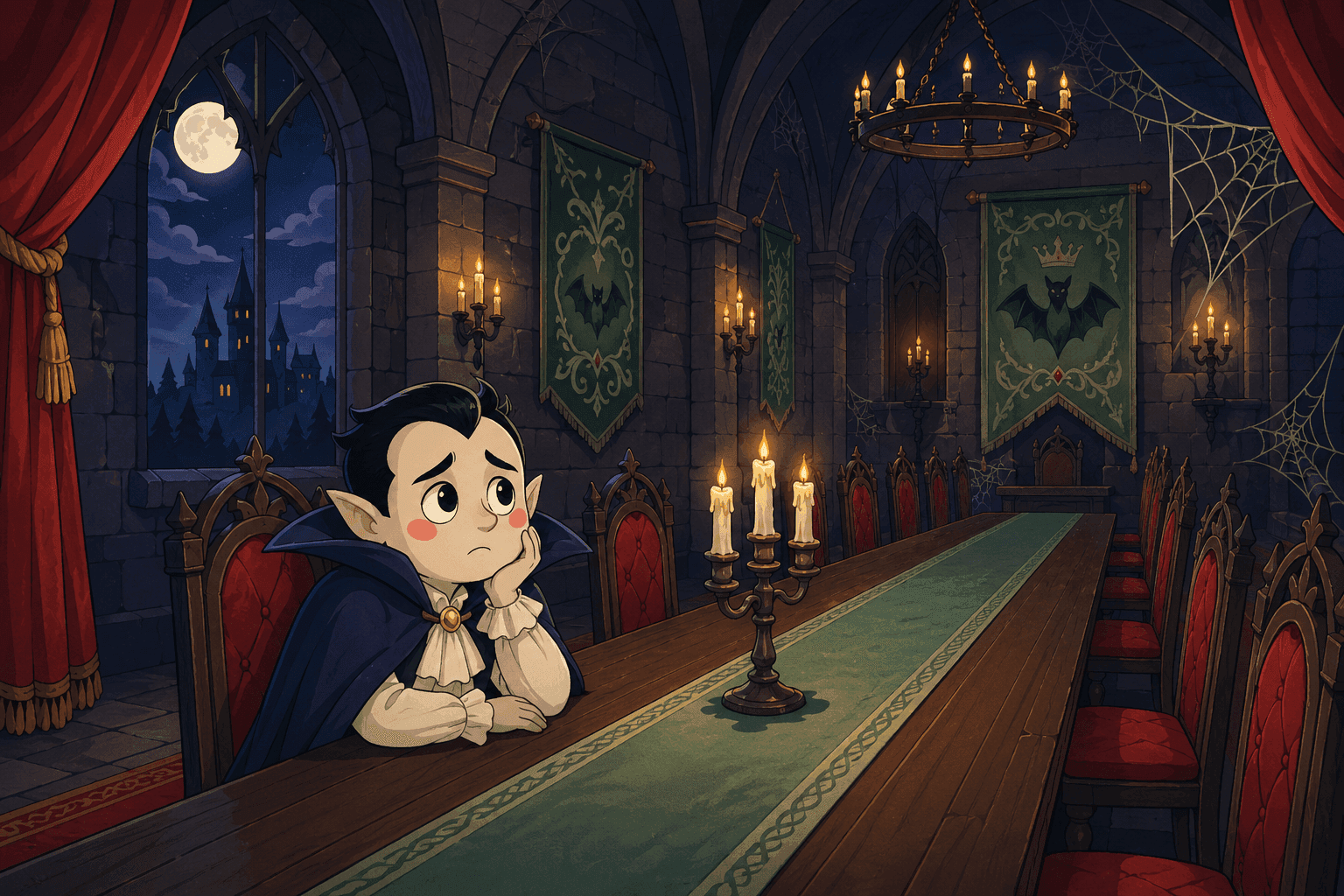 A cartoon vampire looking lonely in a dark castle
