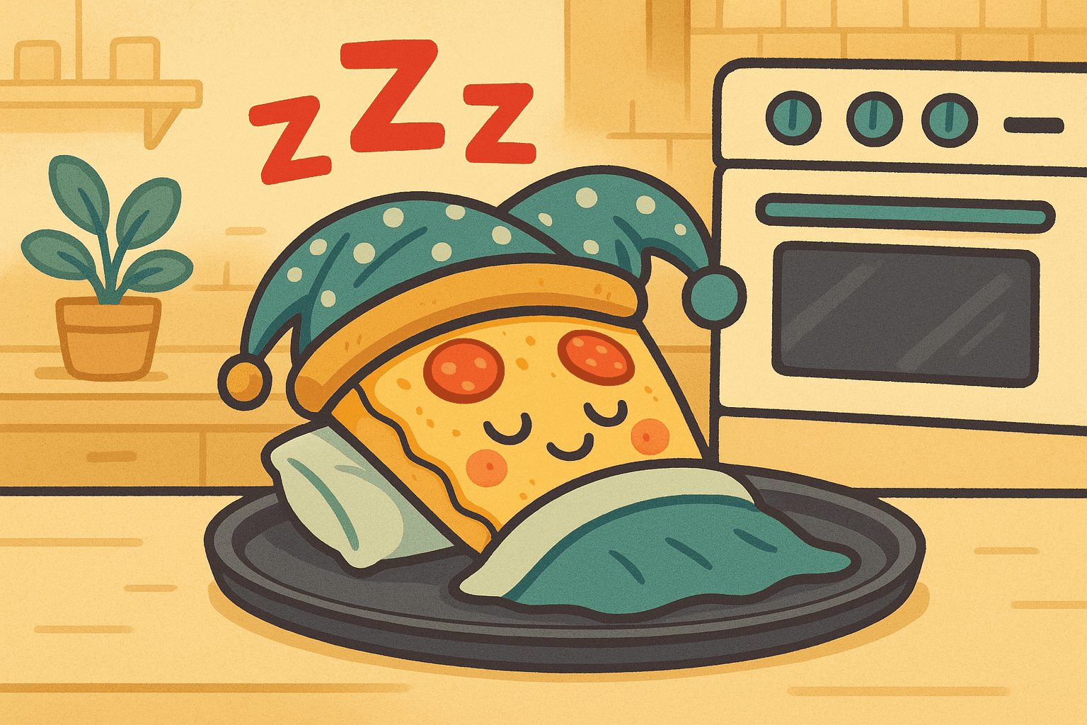 A humorous cartoon illustration of a pizza with a peaceful sleeping face wearing a nightcap, tucked under a blanket on a pizza pan with 'ZZZ' sleep symbols floating above it