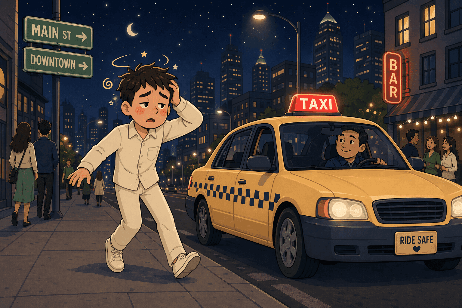 A cartoon person looking dizzy near a taxi cab at night