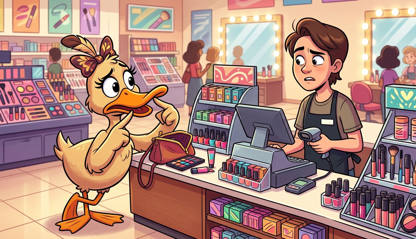 Cartoon of a stylish duck holding up a lipstick tube at a makeup counter while a friendly frog clerk smiles behind it