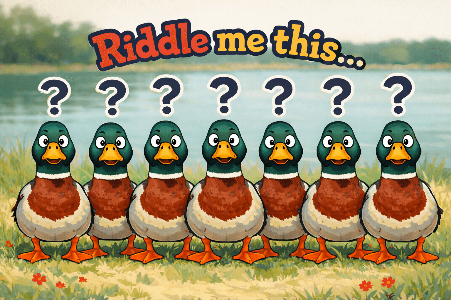 Three cartoon ducks in a row with perspective lines showing the riddle solution