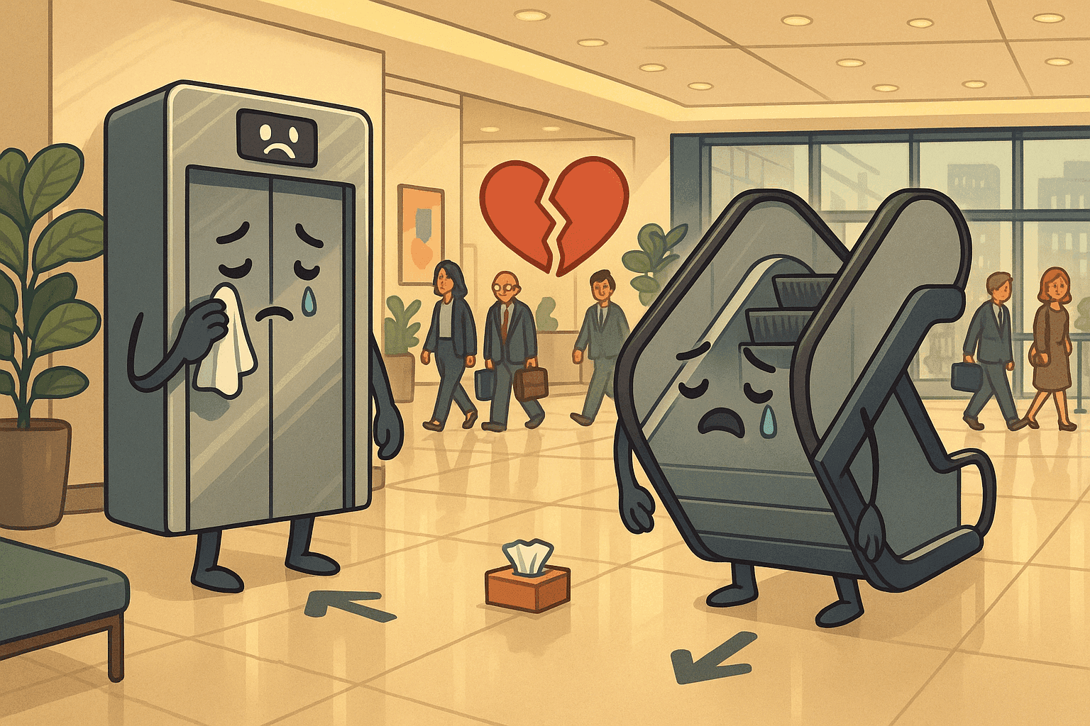 Cartoon illustration of sad personified elevator and escalator having breakup conversation in modern building lobby, tissues and broken heart symbols, chrome and glass architecture setting in cream, dark blue-gray, sage green, yellow, and bright red colors