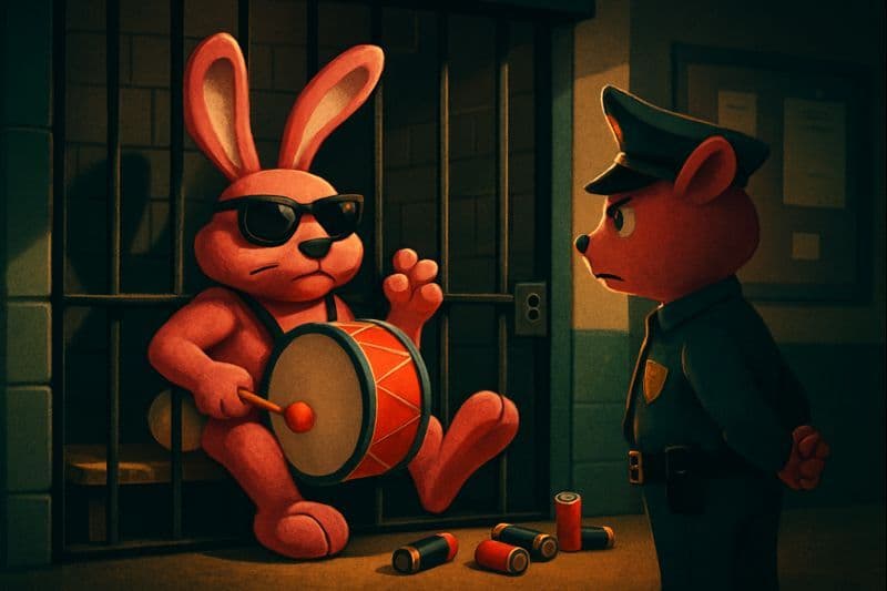A cartoon pink bunny with a drum in jail behind bars looking sheepish
