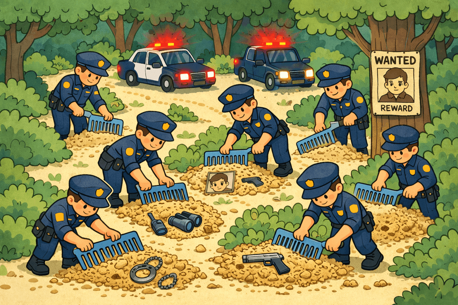 Cartoon police officers searching with flashlights and equipment