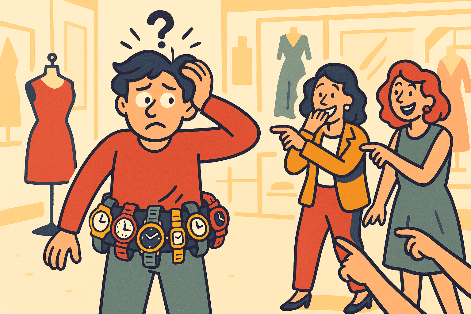 A cartoon person wearing a belt made entirely of different colorful watches around their waist, looking confused while other fashionable people point and laugh at this questionable accessory choice