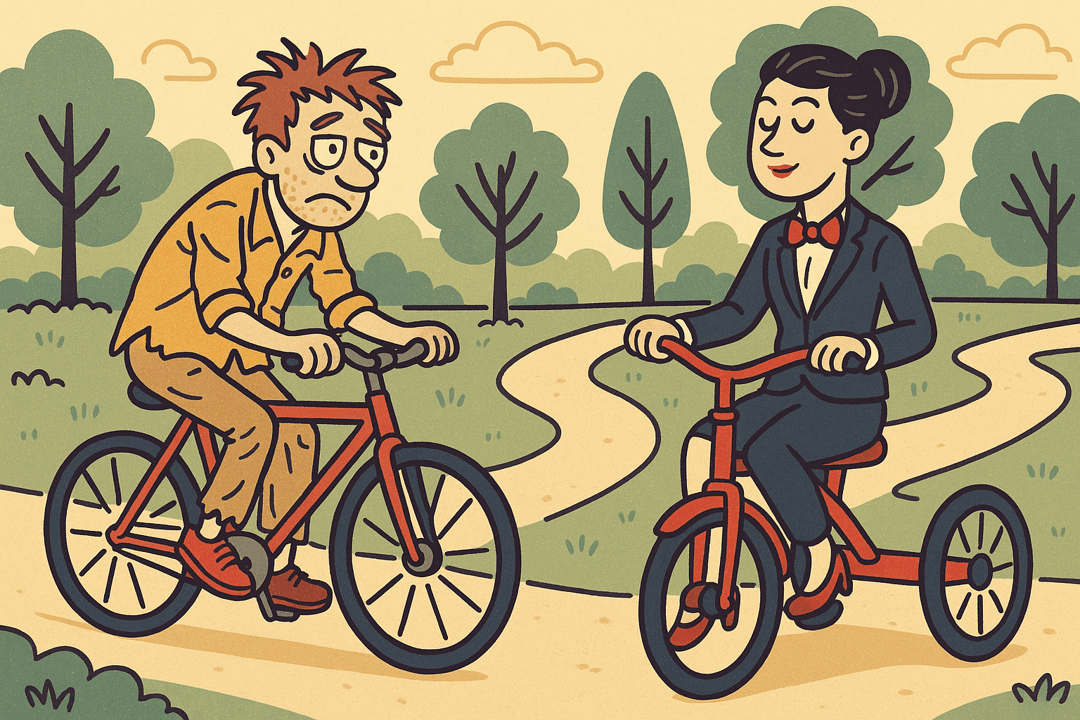 A cartoon showing a poorly dressed person on a two-wheeled bicycle next to a well-dressed person on a three-wheeled tricycle, highlighting the visual pun about 'attire' versus 'a tire'