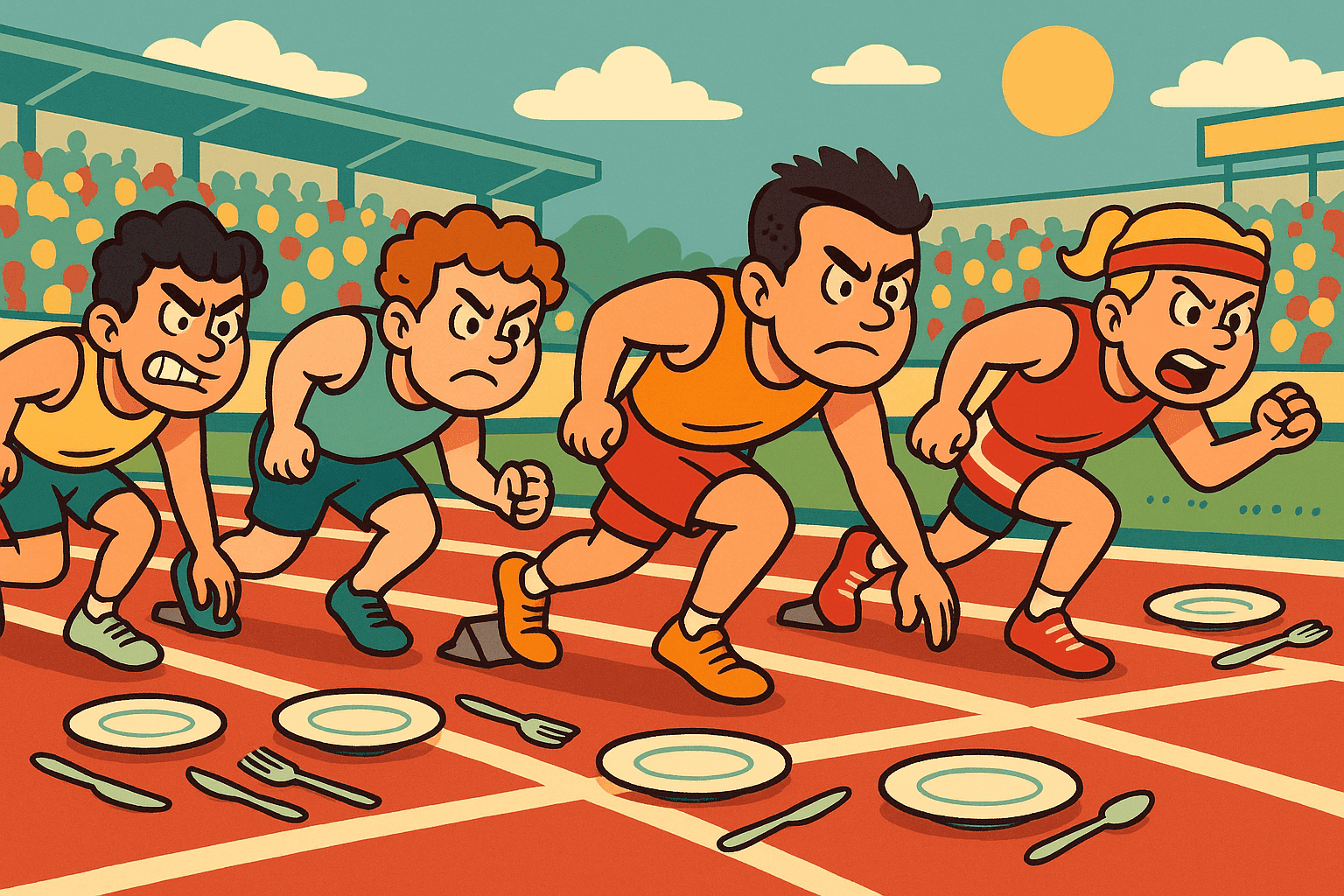 A humorous cartoon illustration of energetic sprinters lined up at a starting line, with empty plates and utensils scattered around them, looking determined and ready to race
