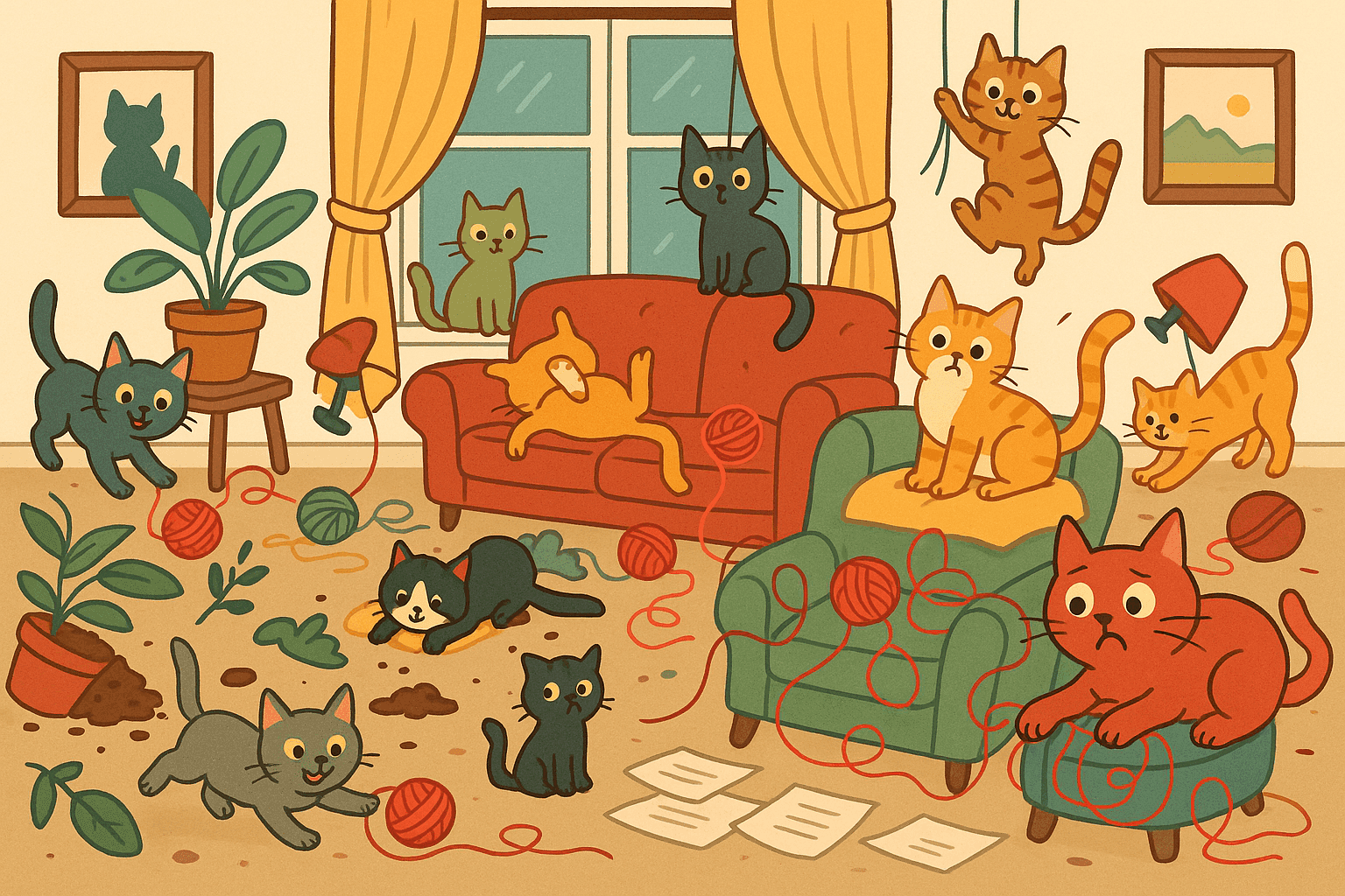 A cartoon scene of many cats creating chaos in a living room, with knocked over plants, scattered papers, tangled yarn, and furniture in disarray while the cats look mischievous and uncoordinated