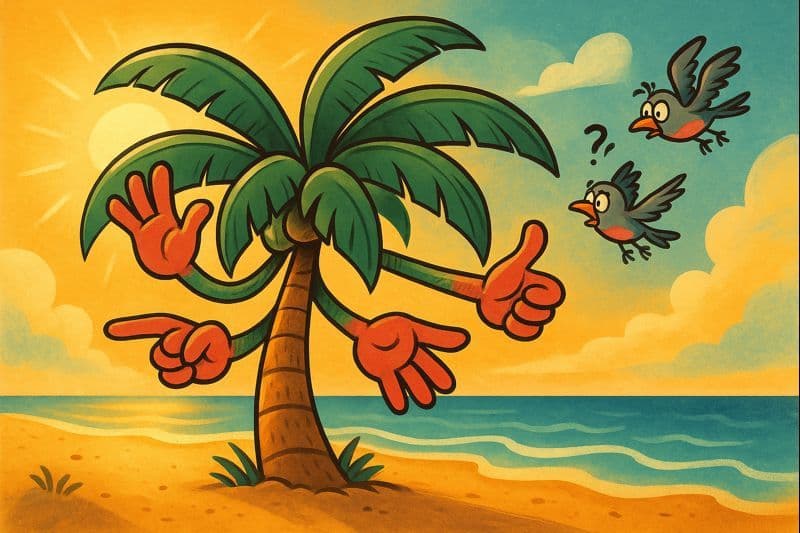 A cartoon palm tree with hands growing from it instead of coconuts