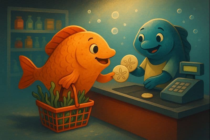 A cartoon fish at a grocery checkout using sand dollars as payment