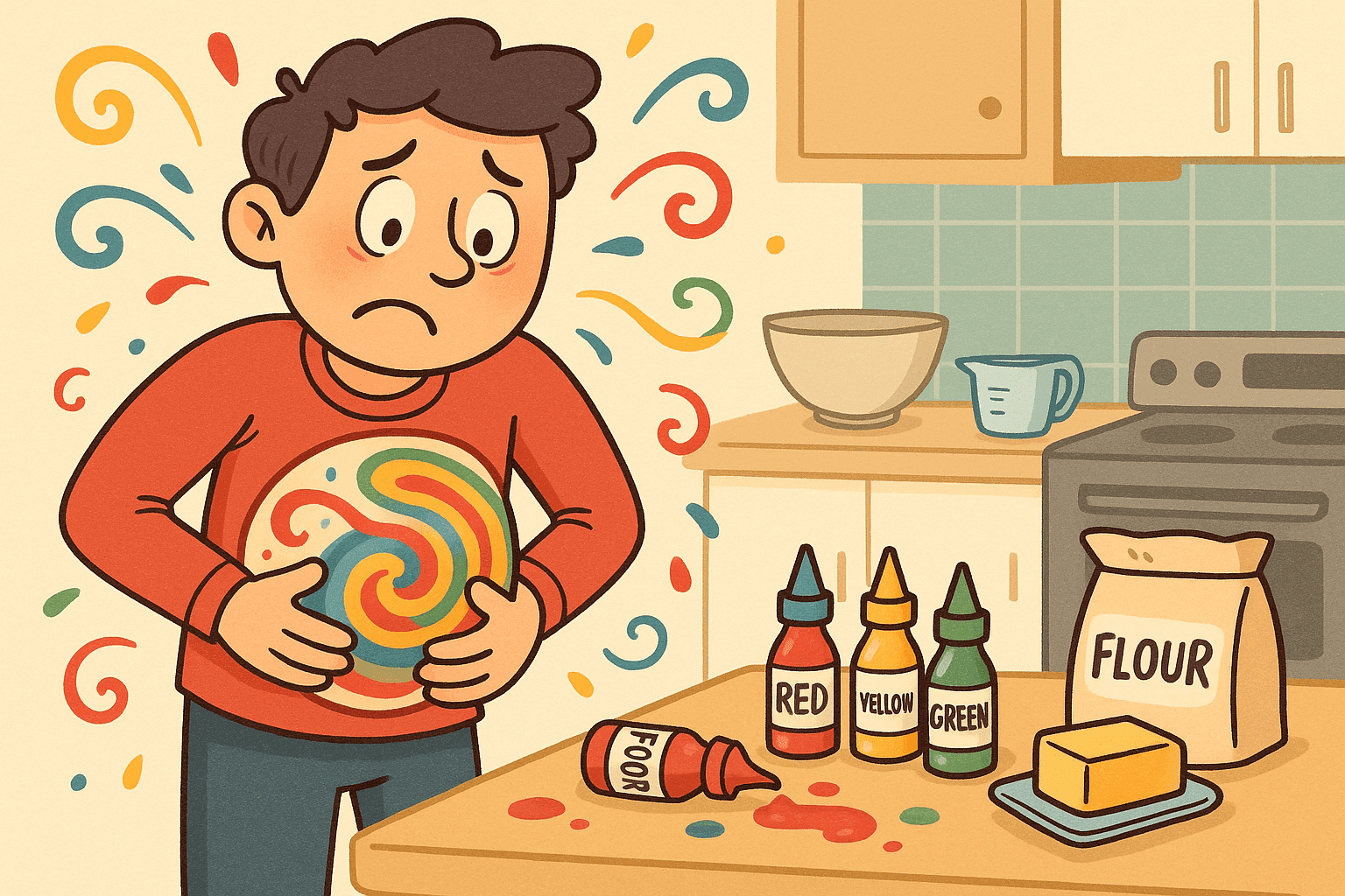 A cartoon person with a worried expression holding their stomach while colorful rainbow liquid swirls around inside their transparent belly, with bottles of food coloring scattered on a kitchen counter nearby