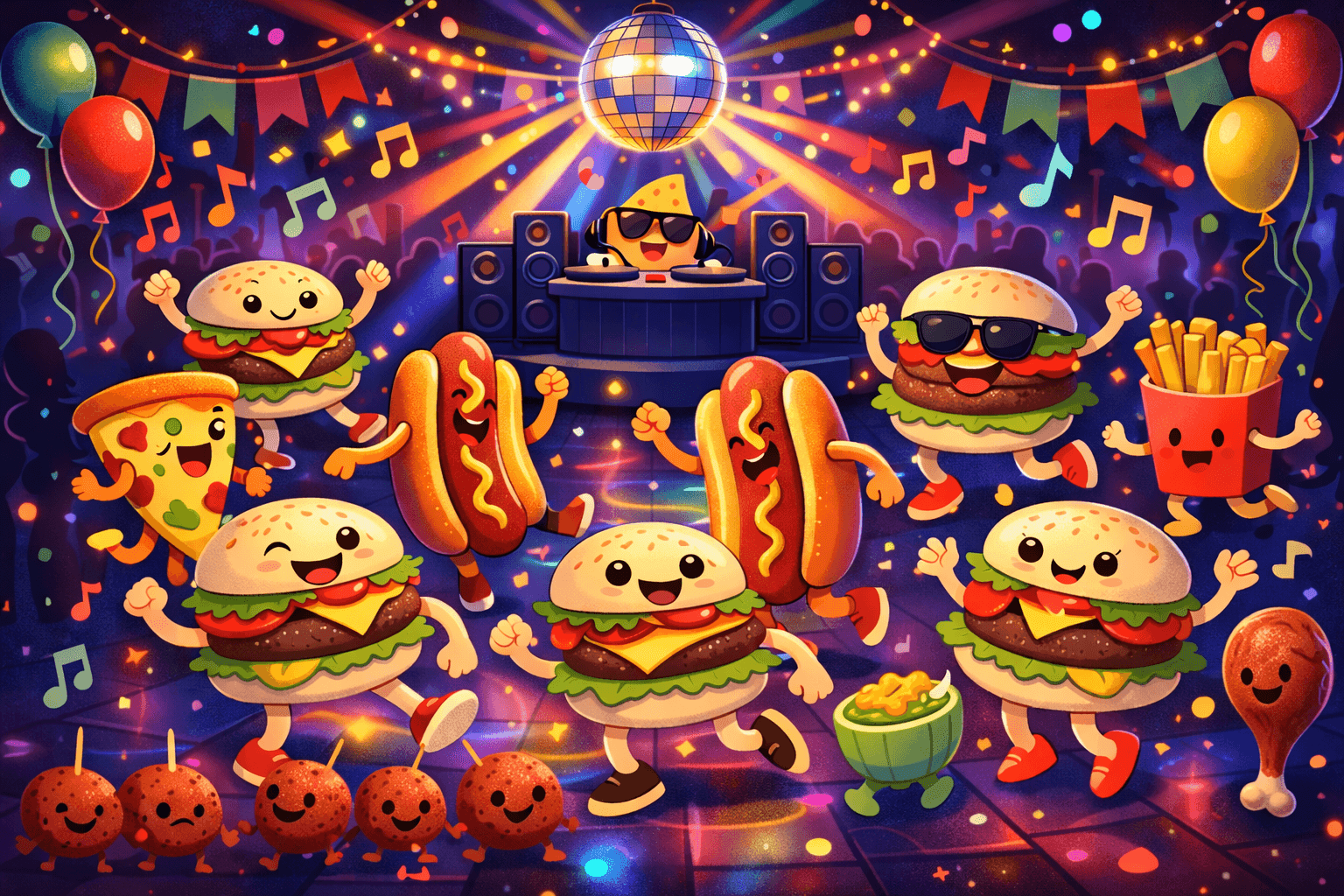 Cartoon hamburgers and hot dogs dancing at a party