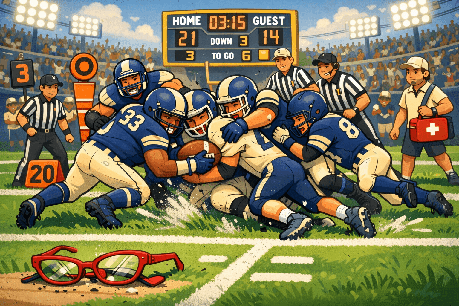 Cartoon football players tackling each other on the field without glasses