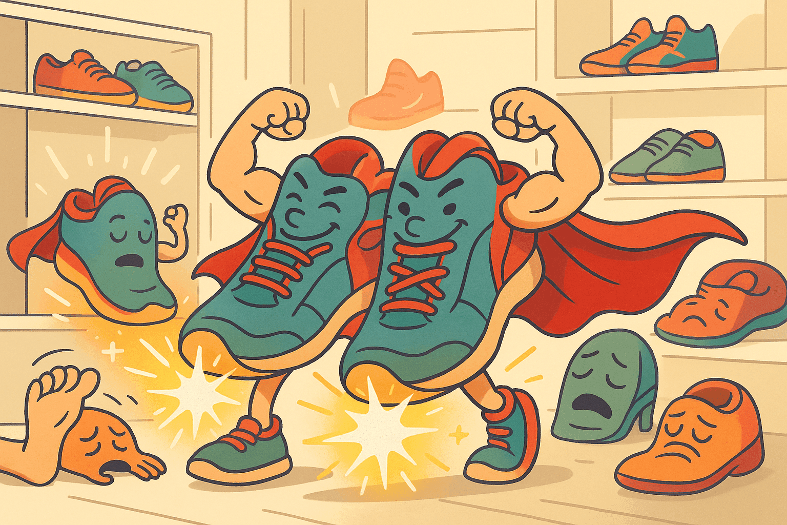 A cartoon pair of sneakers with superhero capes and glowing soles, flexing their muscles energetically while other tired feet in the background look exhausted, set in a shoe store or closet