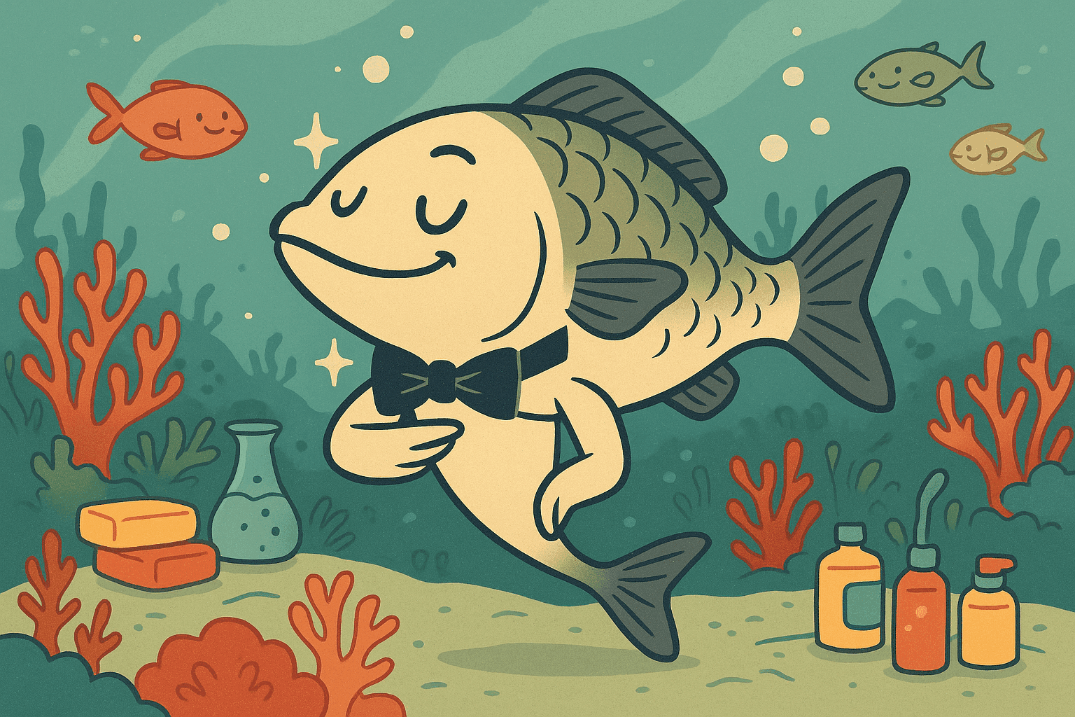 Cartoon illustration of an elegant fish wearing a fancy black bowtie, swimming gracefully in crystal clear water with a sophisticated expression