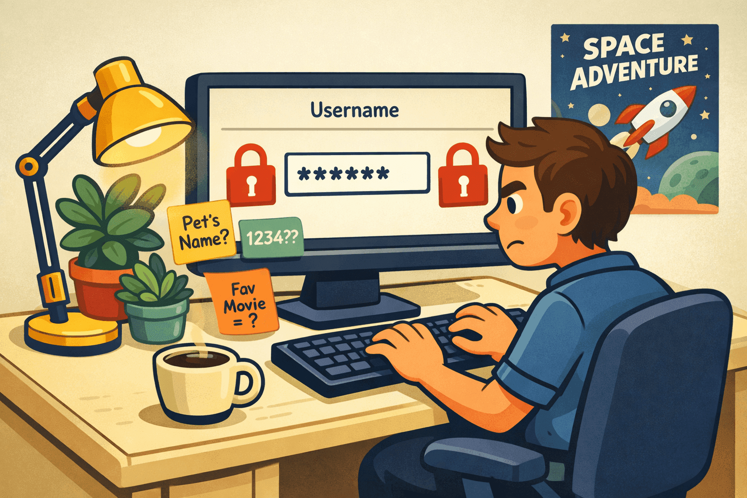 A cartoon person typing a password on a computer keyboard