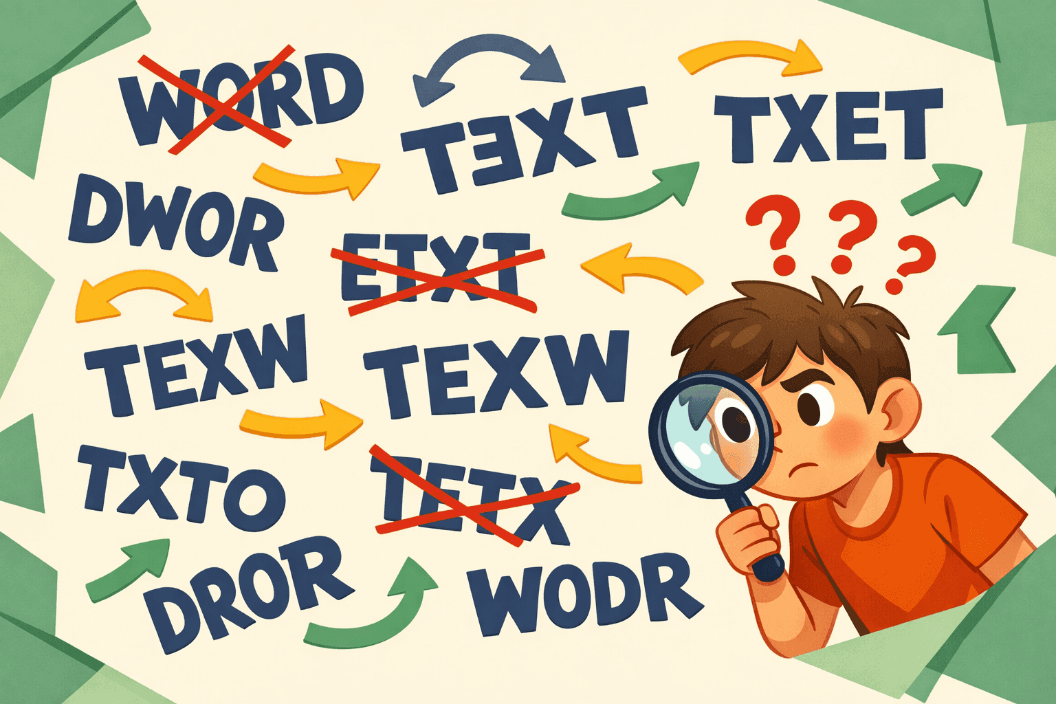 The word shown in different orientations remaining readable