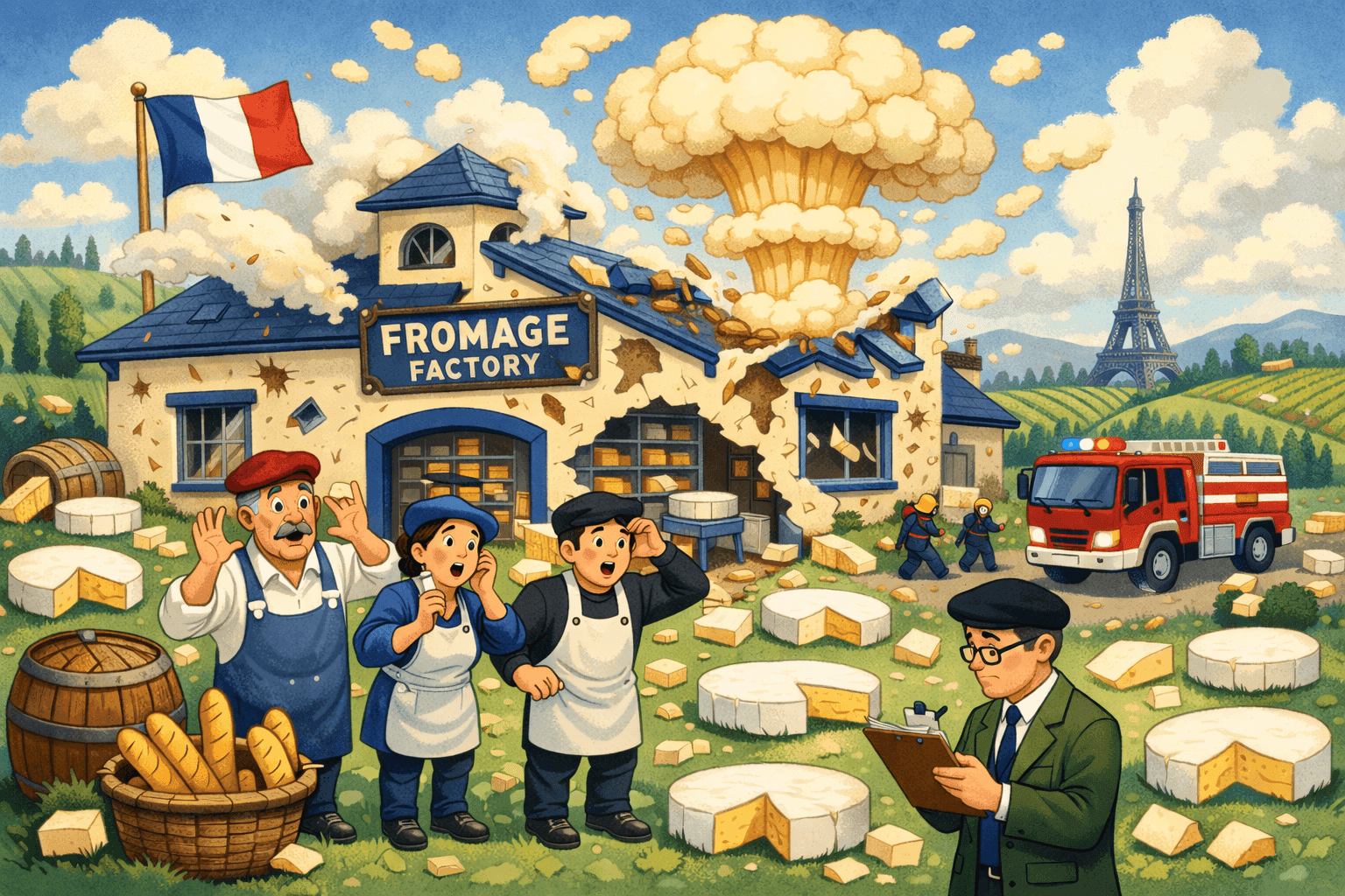 A cartoon cheese factory with Brie wheels scattered everywhere after an explosion
