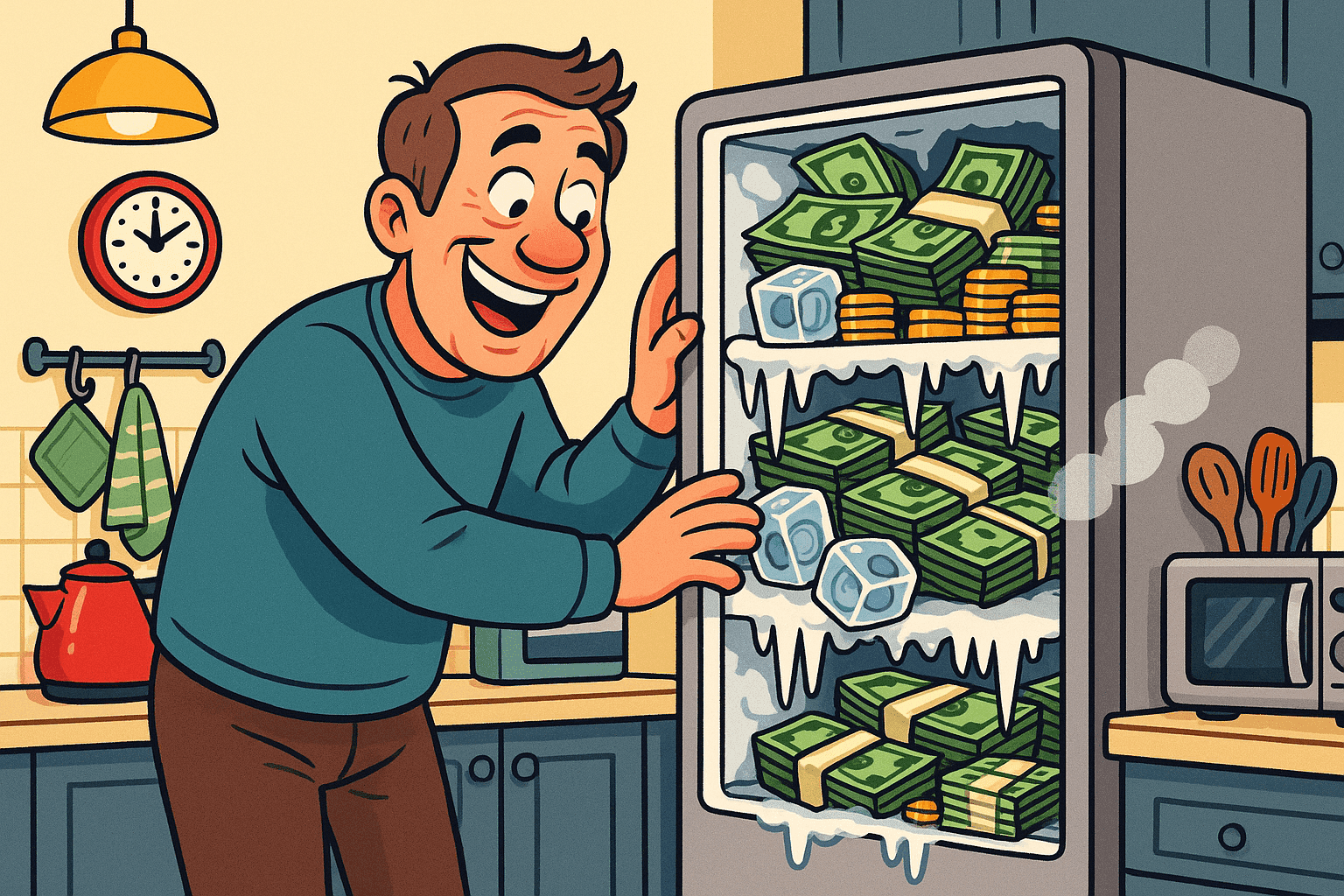 Cartoon illustration of a cheerful man in casual clothes opening a freezer filled with dollar bills, coins frozen in ice cubes, and frost-covered money, with icicles hanging from shelves, kitchen setting with appliances and countertops in cream, dark blue-gray, sage green, yellow, and bright red colors