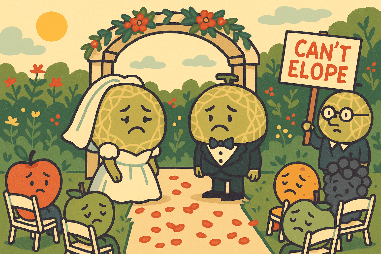Two cartoon melons in wedding attire looking sad at an altar, with a cantaloupe holding a 'can't elope' sign, while other fruits watch as wedding guests in a garden setting