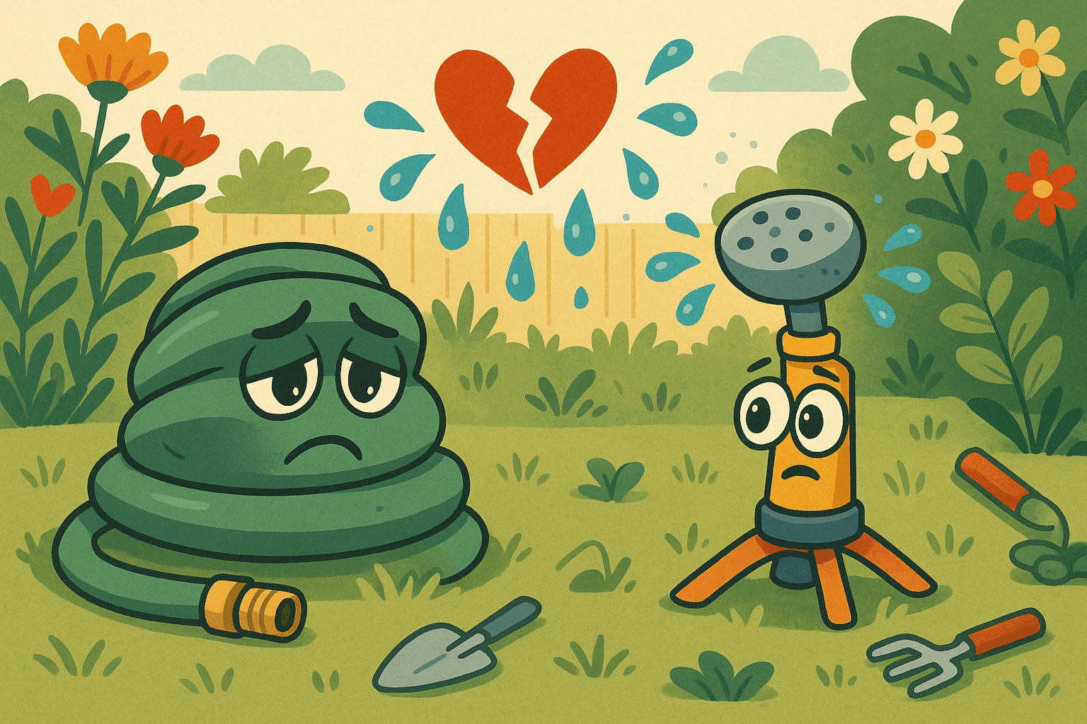 A cartoon garden hose with sad eyes coiled up alone on one side of a garden, while a sprinkler with confused expression sits on the other side, with water droplets forming heart shapes that are breaking apart between them