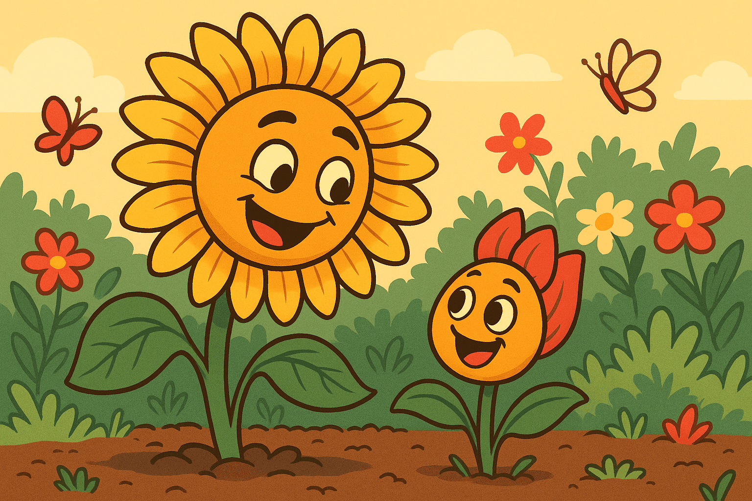 A cartoon large sunflower with a friendly smile looking down at a small flower bud with a cheerful expression, both with animated faces in a sunny garden with other flowers blooming around them