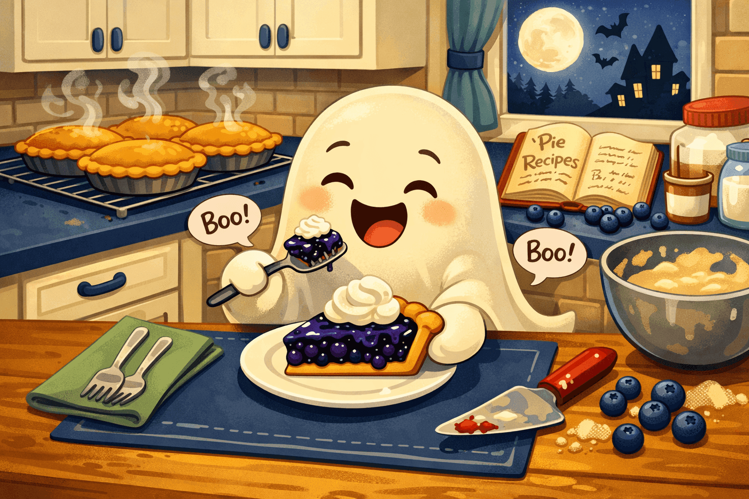 A cartoon ghost eating a slice of blueberry pie with whipped cream