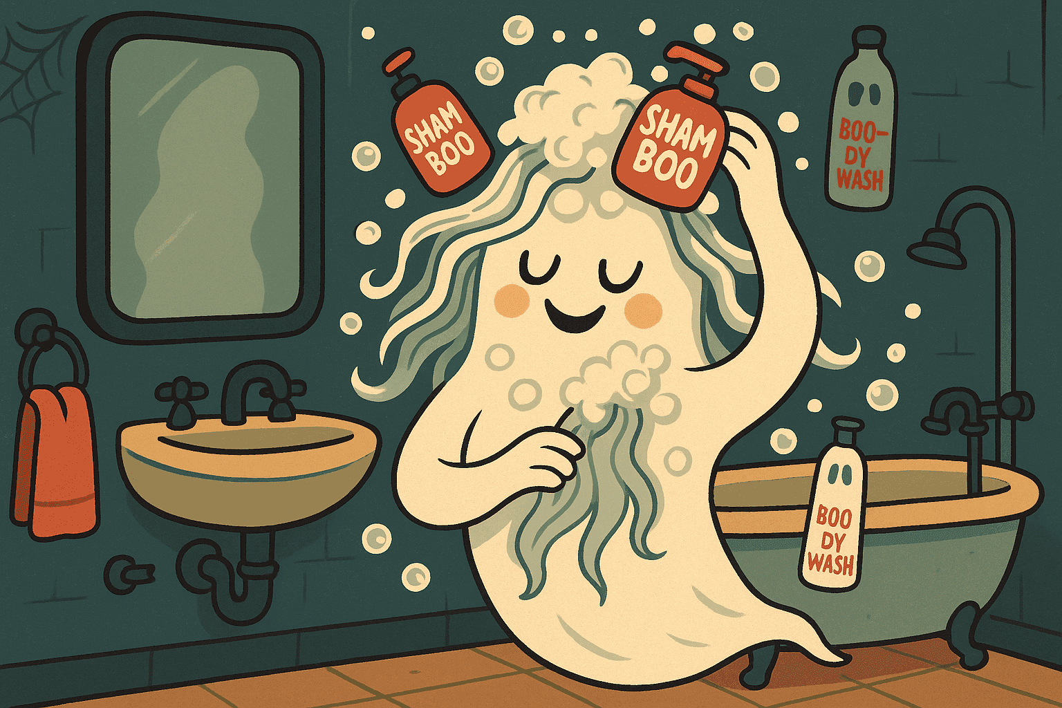A cartoon ghost in a bathroom with floating shampoo bottles labeled 'Sham-BOO' washing its wispy hair while looking in a mirror, with soap bubbles and bathroom fixtures creating a spooky spa scene
