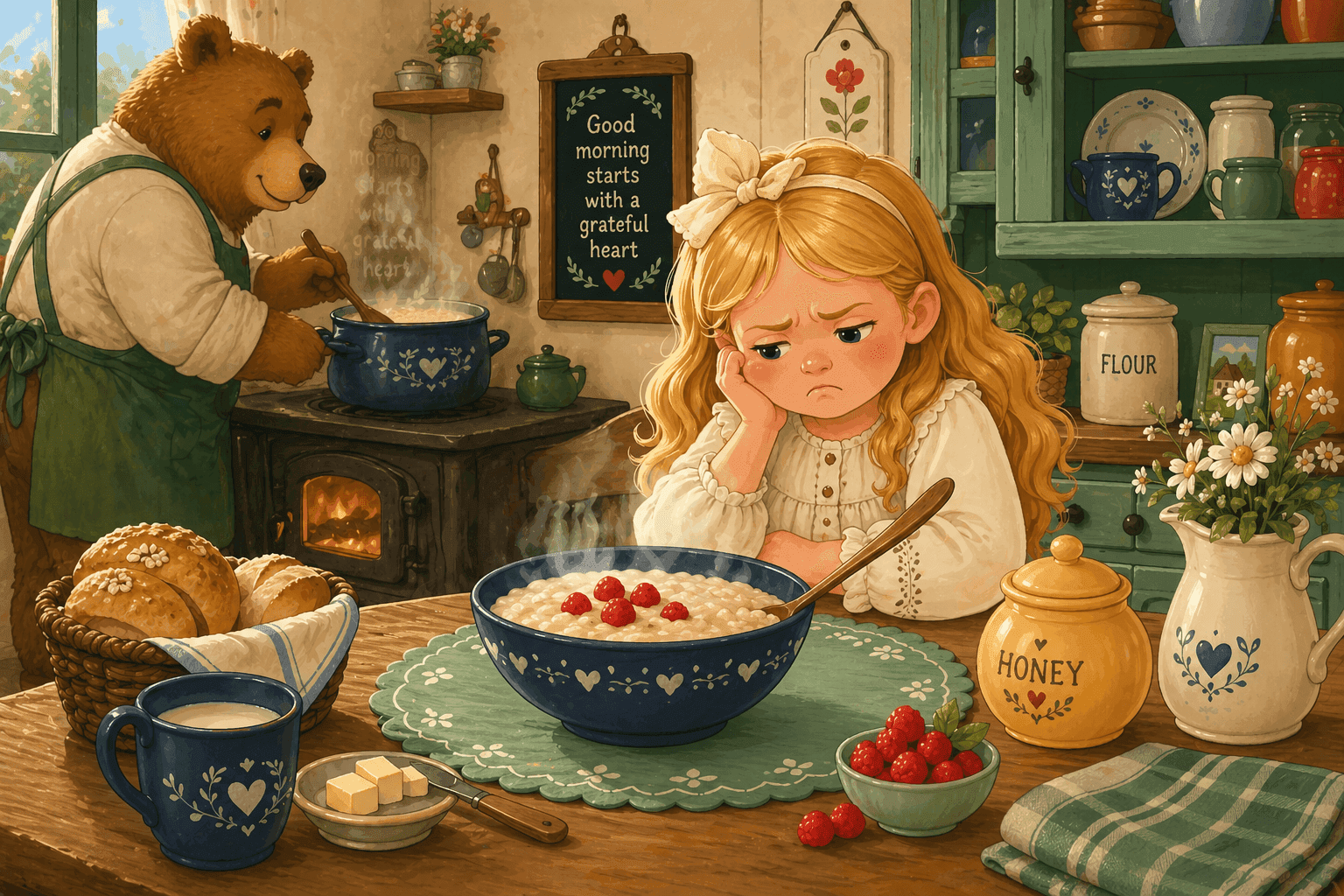 A cartoon girl with golden hair looking disappointed at a bowl of porridge