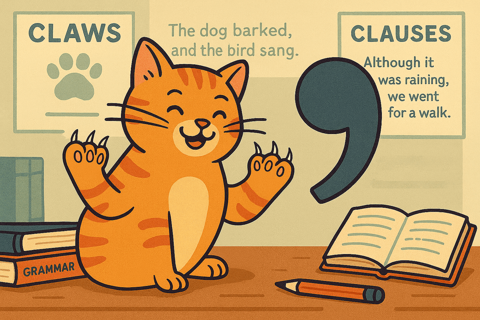 A cartoon cat showing its claws next to a giant comma symbol, with the cat's paws emphasized and grammar books in the background, creating a visual comparison between claws/paws and punctuation clauses