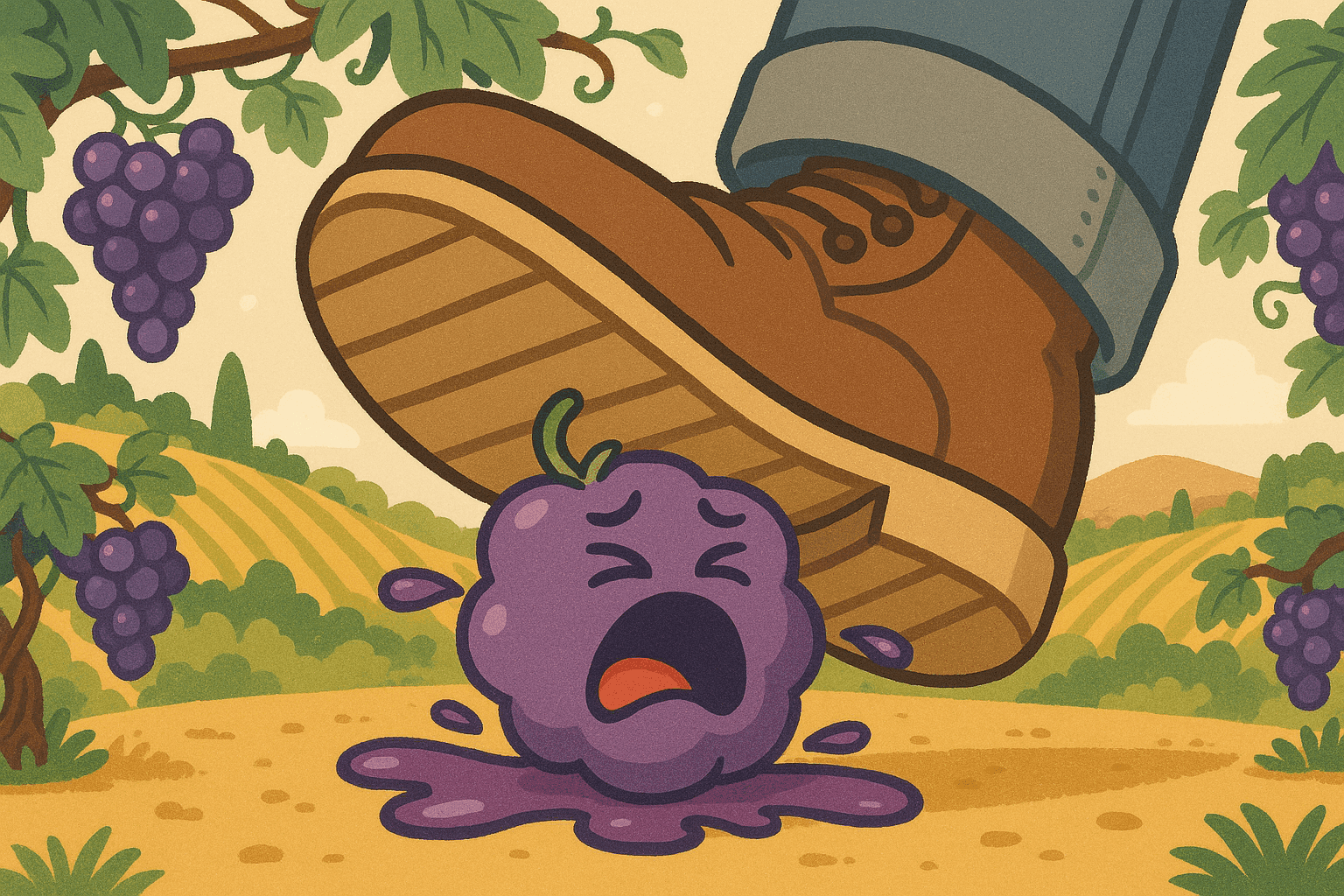 A cartoon grape with a distressed expression being squished under a large boot, with purple juice coming out while the grape appears to be complaining and whining in a vineyard setting