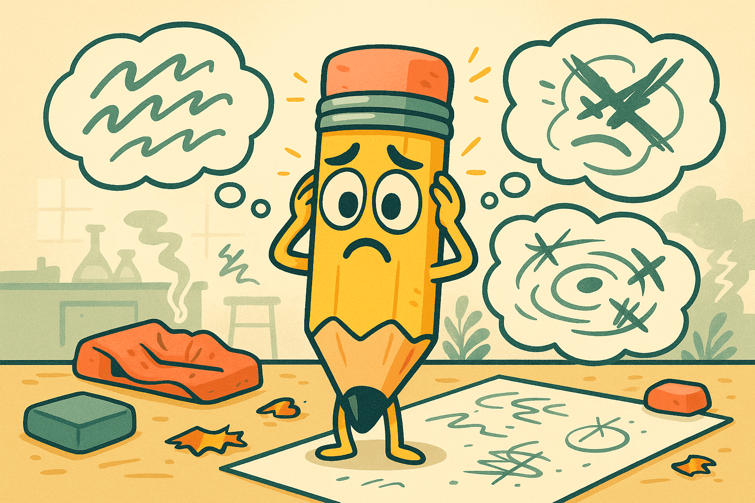 Cartoon illustration of an anthropomorphic pencil with worried eyes looking at rough, uncertain sketches and doodles floating around its head like thought bubbles