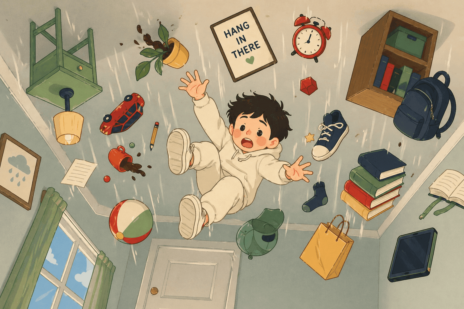 A cartoon person looking sad with objects falling downward around them