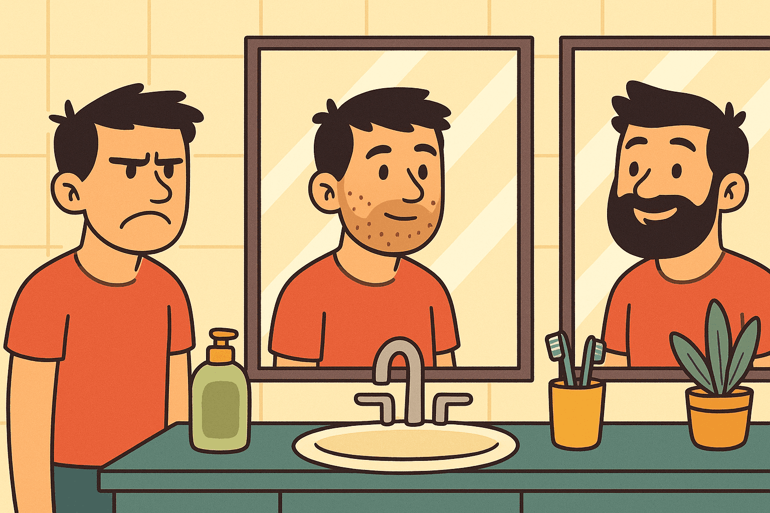 A cartoon man looking in a mirror with a progression showing him first frowning at his clean-shaven face, then gradually smiling more as facial hair grows in, ending with a full beard and happy expression