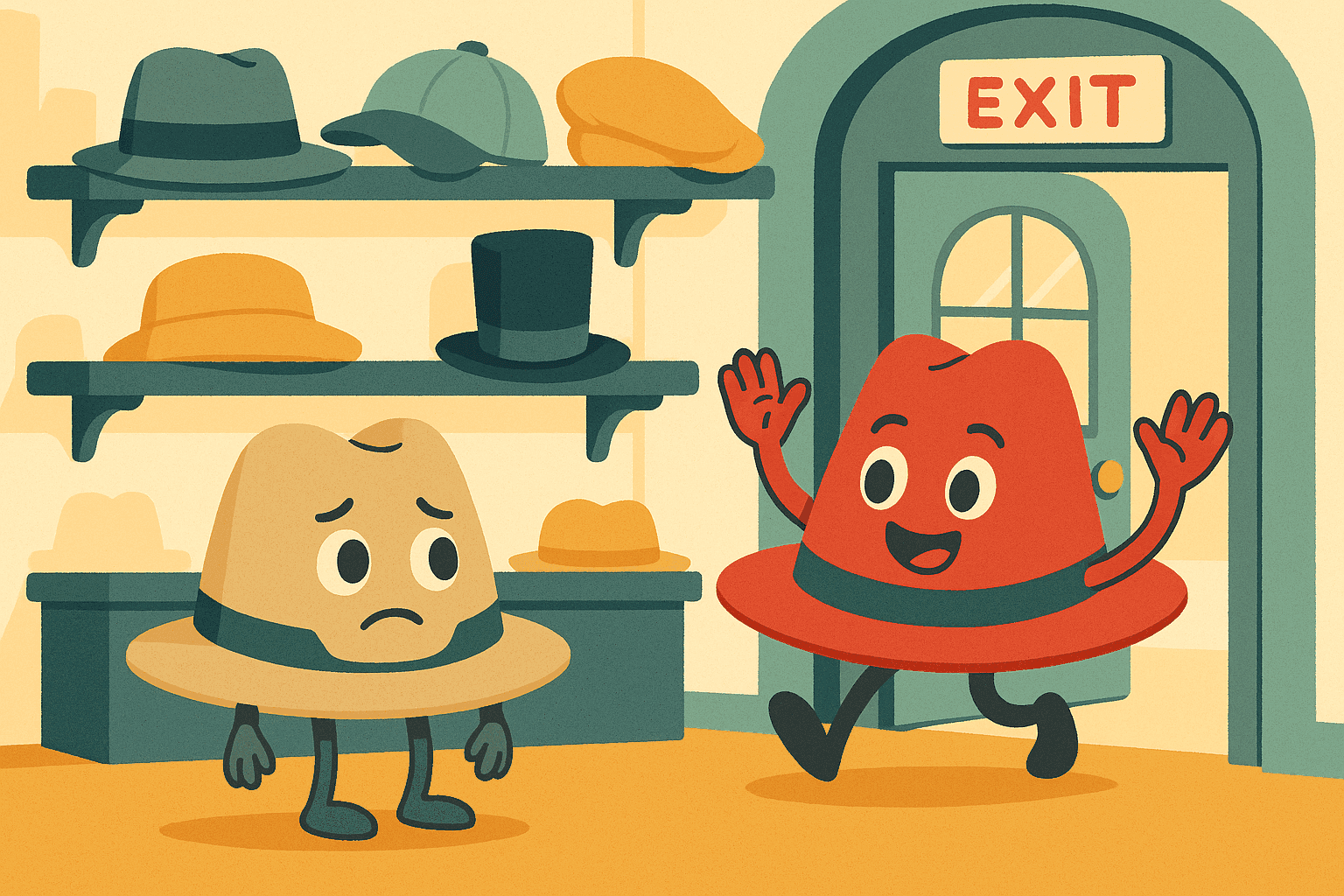 A humorous cartoon illustration of two friendly hat characters with arms and legs, one waving goodbye to the other while walking away, set in a hat shop with various hats displayed on shelves