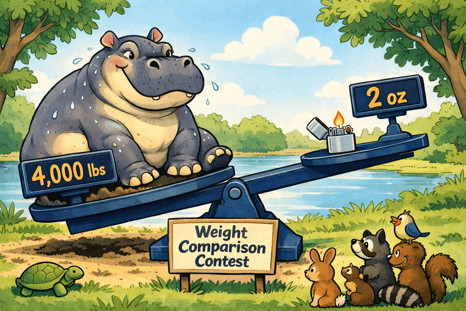 A cartoon hippo standing next to a tiny Zippo lighter on a scale