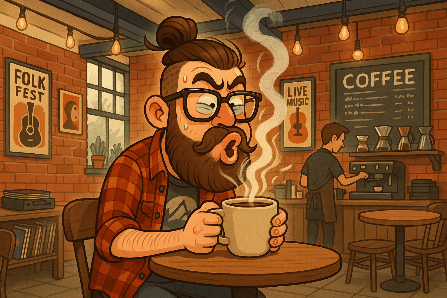 Cartoon illustration of a bearded hipster with thick-rimmed glasses and flannel shirt sitting in a trendy indie coffee shop, blowing on steaming hot coffee cup with pained expression, surrounded by vintage decor, exposed brick walls, Edison bulb lighting, vinyl records, and artisanal coffee equipment in cream, dark blue-gray, sage green, yellow, and bright red colors