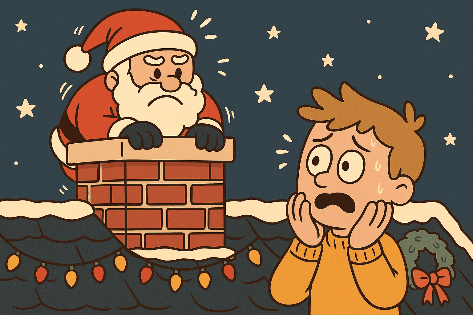 A humorous cartoon illustration of a person looking nervously at Santa Claus who is trying to squeeze down a narrow chimney, with the person appearing anxious about tight spaces
